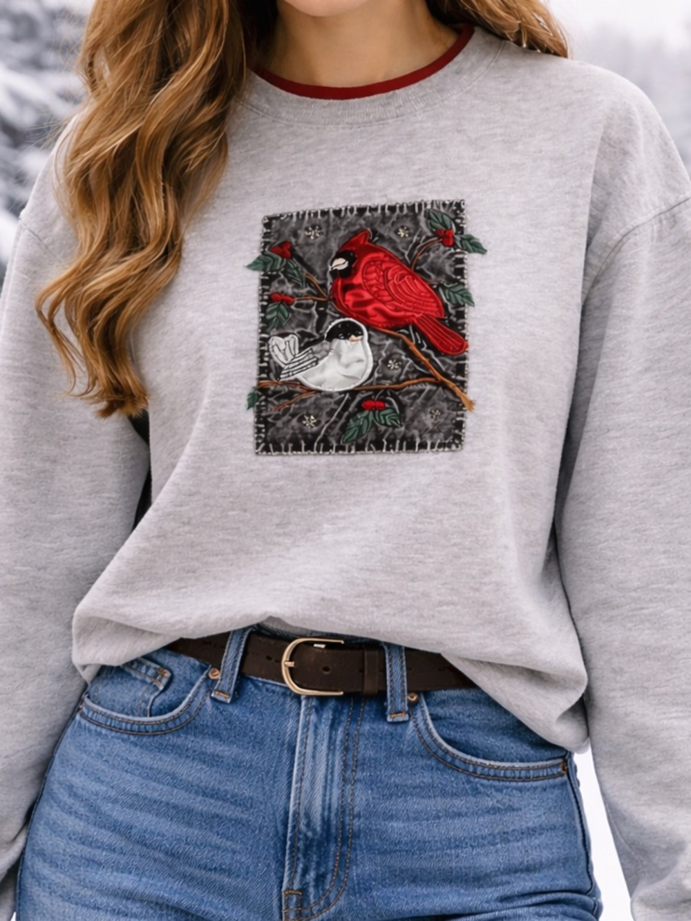 90s Classic elements red bird and mistletoe appliqué gray sweater Sz medium
